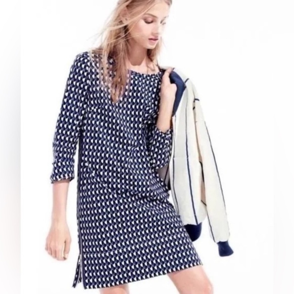 J Crew purple and black geometric midi long sleeve scoop, neck dress, size 4